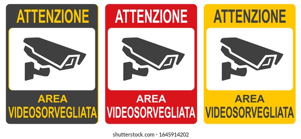 Set of stickers of closed Circuit Television Sign vector colorful illustration. Inscription in Italian: "Warning. CCTV in operation."