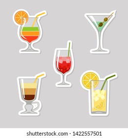 Set of stickers of cocktails with sliced fruits. Vector illustration