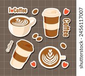 Set of stickers with coffee cup, paper cups and coffee beans. Vector illustration