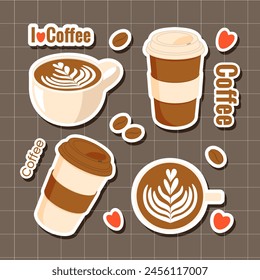 Set of stickers with coffee cup, paper cups and coffee beans. Vector illustration