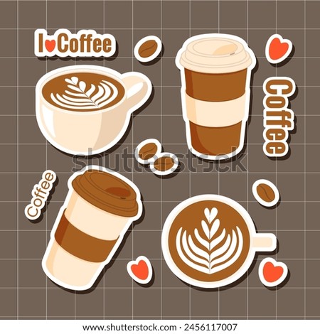 Set of stickers with coffee cup, paper cups and coffee beans. Vector illustration
