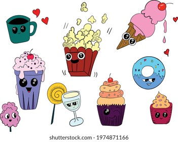 A set of stickers. Coffee, ice cream, popcorn