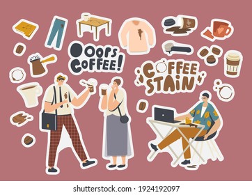 Set of Stickers Coffee Stains. Clumsy Characters, Cezve with Beverage, Shirt or Pants with Spots, Coffee Machine Filter, Broken Cup and Documents Folder with Brown Circles. Cartoon Vector Illustration