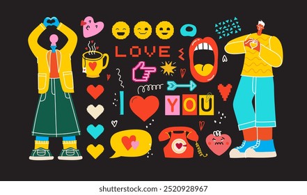 Set of stickers collage in contemporary punk grunge style for Valentine's day isolated on the background. Fun badges in retro style. Vector pictures of pixel hearts, lips and other