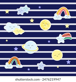 Set of stickers. Collection of celestial bodies in kawaii style. Rainbow, comets and moon, planets, saturn and clouds. Children drawings. For scrapbooking, diaries and planners. Vector illustration