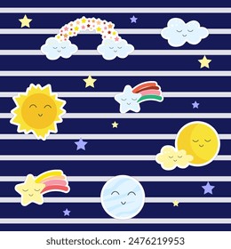 Set of stickers. Collection of celestial bodies. Rainbow, stars and sun, planets, clouds. Cute children's drawing in kawaii style. For scrapbooking, diaries and planners. Vector illustration