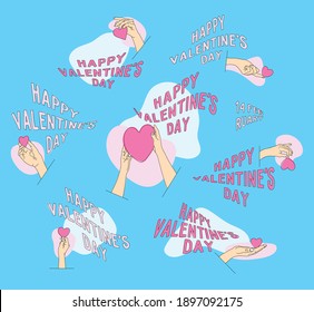 Set of stickers. Collection. Happy valentine's day. Hands. Congratulations on the holiday. Declaration of love. Tender feelings. A romantic moment. Heart as a gift. Typographic elements. Vector.