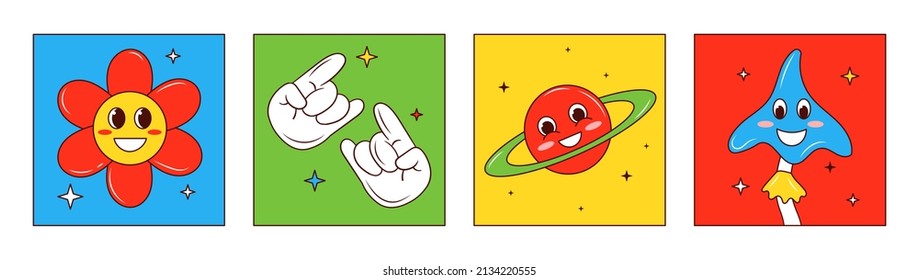 Set of stickers. Collection of posters and banners for website. Making cards for children. Entertainment and funny old pictures. Psychedelic 70s and 80s style. Cartoon flat vector illustration