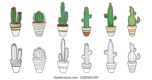 Set with stickers in color and hand-drawn style. Vector cacti isolated on white background. 