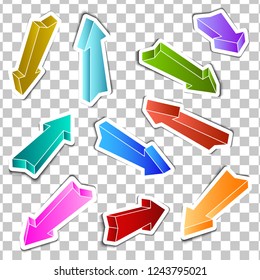 Set of stickers - colored arrows, on the checked background. Vector illustration. EPS10.