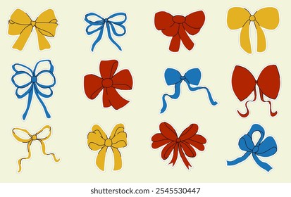 Set of stickers with colored bows. A collection of hand-drawn ribbon bows. Stickers

