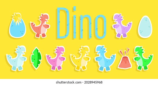 A set of stickers with colorful dinosaurs. Tyronosaurus rex 7 colors. Dinosaur egg, dinosaur footprints. Lettering. Vector graphics. Design for children's concilaria, notebooks, exercise books.