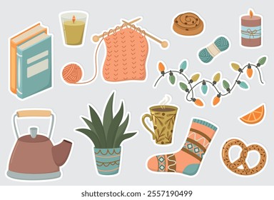 Set of stickers with colorful hygge mood cozy things isolated on gray background. Cute hand drawn illustrations