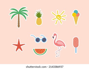 conjunto de stickers concepto verano y vacaciones en la playa. elementos planos de verano sobre fondo rosa. linda ilustración del turismo en países cálidos. pegatinas de vacaciones y viajes