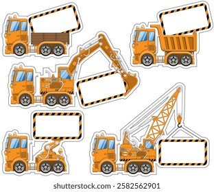 A set of stickers with construction equipment. Side view. Isolated on white background. Vector illustration.
