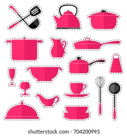 Set of stickers cookware isolated on white background. Kitchen utensils. Vector illustration in a flat style.