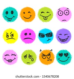 Set of stickers with cool faces. Funny elements in bright colors isolated on white background. Patch in cartoon style.