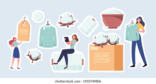 Set of Stickers Cotton Theme. Tiny Female Character Sitting on Huge Thread Spool, Fluffy White Flower, Bowl with Organic Fiber, Tag for Clothes and Shirt on Hanger. Cartoon People Vector Illustration