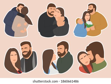 A set of stickers for a couple in love on an isolated neutral background