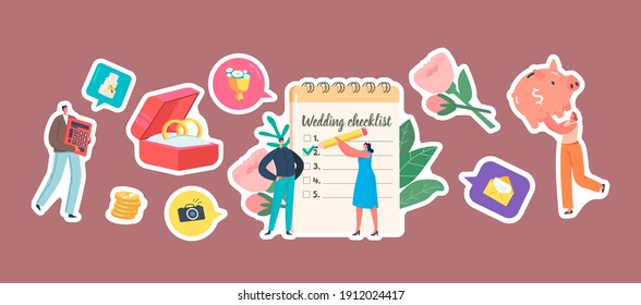 Set of Stickers Couple Planning Wedding, Male and Female Characters at Planner Filling Checklist before Marriage Ceremony. Gold Rings, Piggy Bank, Flowers and Money. Cartoon People Vector Illustration