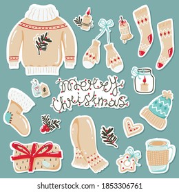 Set of stickers with cozy autumn or winter clothes and items.. Vector illustration for greeting cards, christmas invitations and scrapbooking