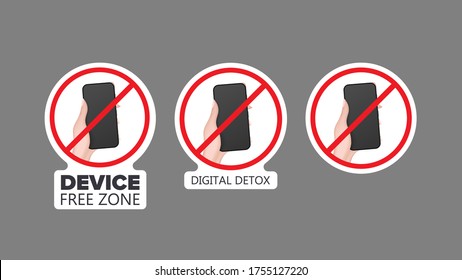 Set of stickers. Crossed out hand icon with a phone. Strikethrough phone sticker. The concept of ban devices, free zone devices, digital detox. Blank for sticker. Isolated. Vector.