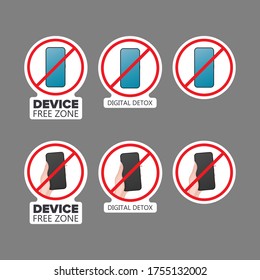 Set of stickers. Crossed out hand icon with a phone. Strikethrough phone sticker. The concept of ban devices, free zone devices, digital detox. Blank for sticker. Isolated. Vector.