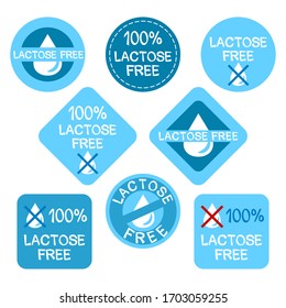 A set of stickers for culinary products not containing lactose. Lactose free icons. Crossed drop of milk. Vector logo for web design, banners and posters.
