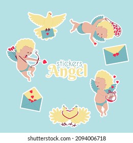 Set of stickers of cupids, doves, and love letters. Cupids play romantic music on lyre strings, string bows to evoke love. Valentine's Day. Flat vector illustration.