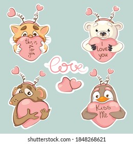 A set of stickers of cute animals: a cat, a polar bear, a rat, a penguin in funny headbands with hearts, holding a pink heart in their paws.