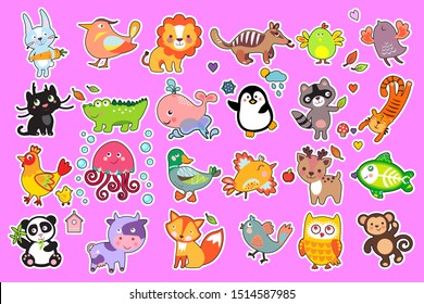 Set of stickers with cute animals, colorful flat illustrations of cute baby animals, stickers for scrapbooking and card design. Fox, lion, owl, whale, penguin, raccoon, tiger, jellyfish, panda, monkey