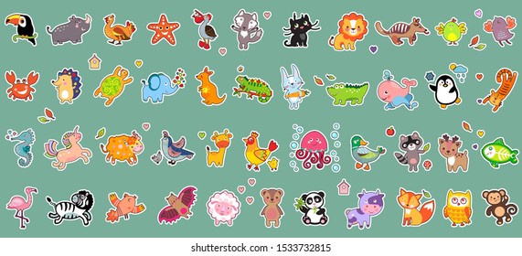 Set of stickers with cute animals, colorful flat illustrations of cute baby animals, stickers for scrapbooking and card design. Hedgehog, unicorn, wolf, giraffe, rhinoceros, crab, bat, bear, elephant