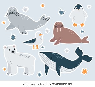 Set stickers of cute arctic animals. Wild polar animals in cartoon style.