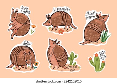 A set of stickers with cute armadillos and inscriptions. Vector graphics.