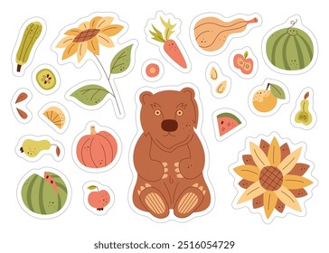 Un conjunto de pegatinas con un oso lindo y la cosecha. Ilustración vectorial plana de color.