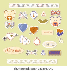 Set of stickers cute bear, hearts and love. Distressed effect. Stickers for notebook, diary, scrapbooking. Little teddy bear