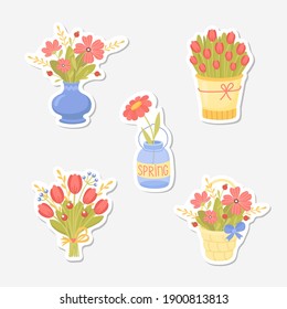 Set of stickers with cute bouquets of spring flowers. Can be used for greeting card, label, banner, invitation. Vector illustration