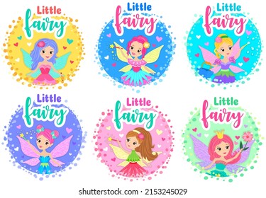 set of stickers with cute bright cartoon style fairies. vector illustration for kids