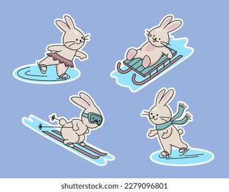 Set of stickers with cute bunnies skating, skiing and sledding. Vector color illustration in outline style.