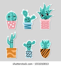 Set of stickers with cute cactuses. Funny smiling houseplants in pots. Flat vector illustration.