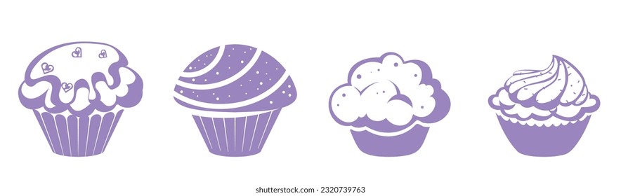 A set of stickers with cute cakes. Silhouettes of cakes in a pastel purple shade isolated on a white background. Vector illustrations are suitable for printing. 