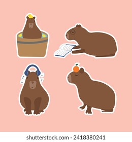 Juego de pegatinas con bonitas capibaras. Ilustración vectorial, diseño de dibujos animados. 