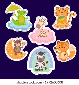 Set stickers of cute cartoon animals, rainbows and moons in vector graphics, isolated on white background. For the design of postcards, posters, banners, covers, prints for mugs, t-shirts
