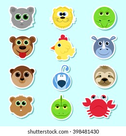 Set of stickers. Set of cute cartoon animals. Set 3. Lion, crocodile, monkey, chicken, rhino, bird, koala, hamster, lizard, cancer.