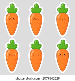 Set of stickers with cute cartoon carrot. Carrot emoji with different emotions. Flat vector illustrations.