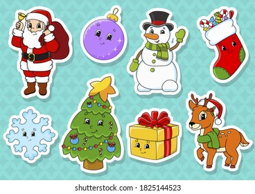 Set of stickers with cute cartoon characters. Christmas theme. Hand drawn. Colorful pack. Vector illustration. Patch badges collection. Label design elements. For daily planner, diary, organizer.