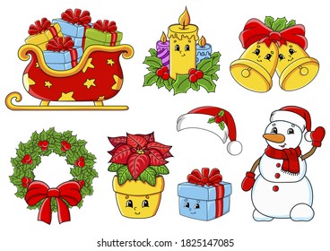 Conjunto de stickers con personajes lindos de dibujos animados. Tema de Navidad. Dibujado a mano. Envase colorido. Ilustración vectorial. Colección de insignias de parche. Elementos de diseño de etiquetas. Para planificador diario, diario, organizador.