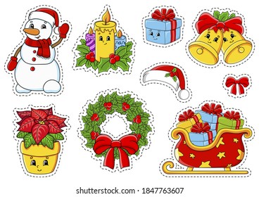 Set of stickers with cute cartoon characters. Christmas theme. Hand drawn. Colorful pack. Vector illustration. Patch badges collection. Label design elements. For daily planner, diary, organizer.