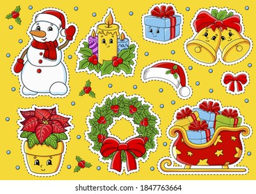 Set of stickers with cute cartoon characters. Christmas theme. Hand drawn. Colorful pack. Vector illustration. Patch badges collection. Label design elements. For daily planner, diary, organizer.