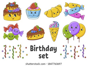Set of stickers with cute cartoon characters. Happy birthday theme. Hand drawn. Colorful pack. Vector illustration. Patch badges collection. Label design elements. For daily planner, diary, organizer.
